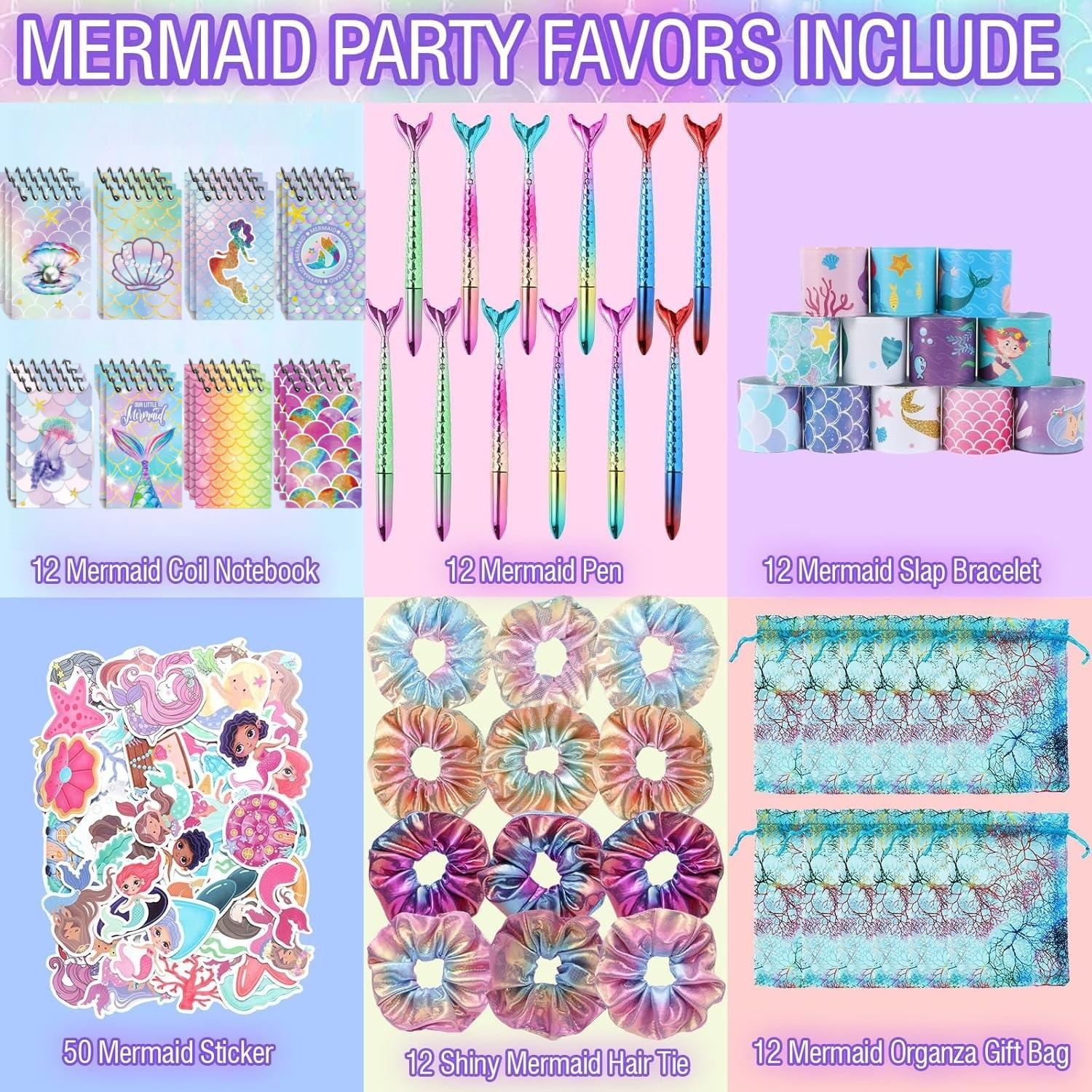 

110PCS Mermaid Party Favors Mermaid Birthday Decorations Include Pen Notepad Metallic Scrunchies Slap Bracelet Gift Bag Sticker