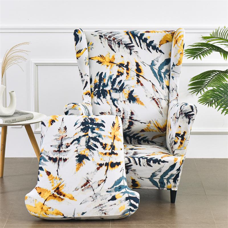 Elastische Bedrukte Slipcover voor Stoel met Hoge Rugleuning 2-delig Vorm Eenzits Vleugel Fauteuil Hoes