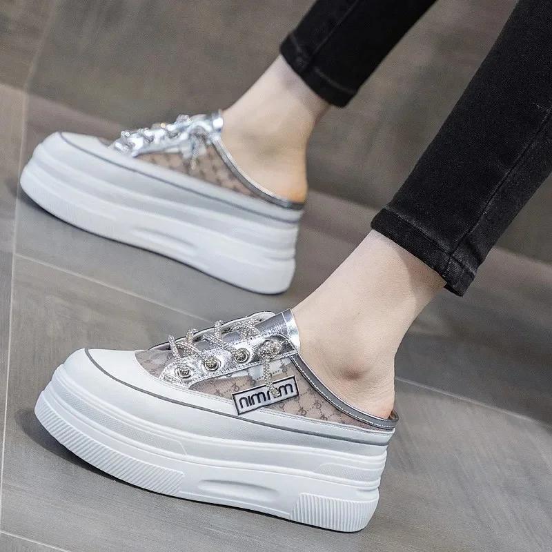 

Women s Summer 2025 New Half Slippers Thick Bottom Breathable Mesh No Heel PVC Sole Comfortable Slip-On Casual Shoes 40 срібний