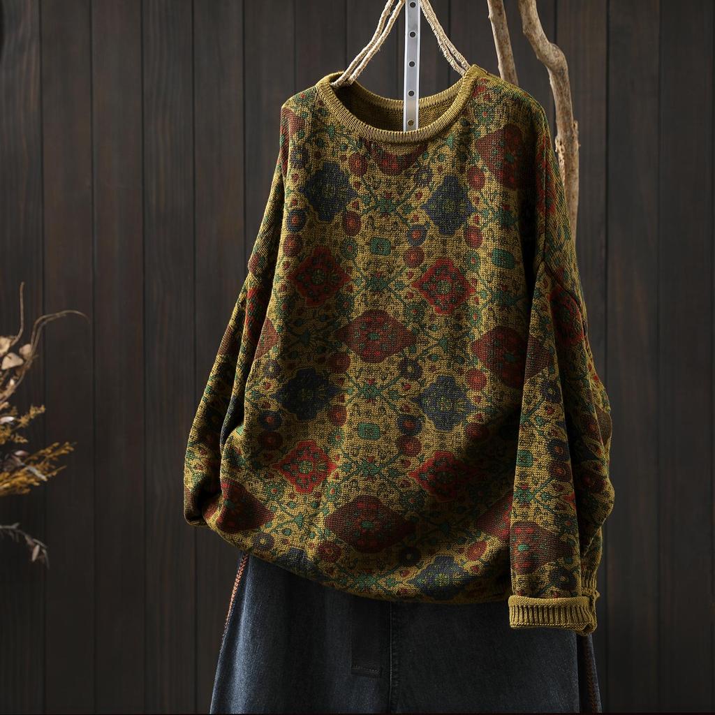 2025 Retro Ethnic Print Plus Size Women's Cotton Knit Sweater for Fall/Winter