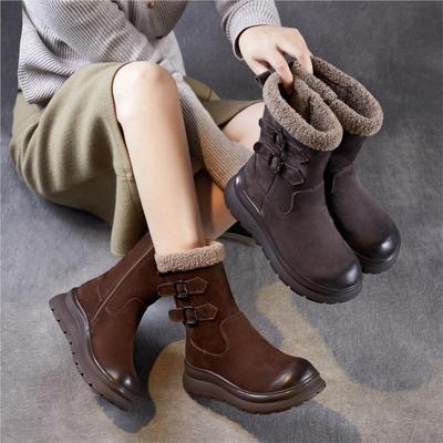 Rutschfeste Schneestiefel mit dicker Sohle, Gürtelschnalle, Plüschwarm, Echtes Leder, Damen-Mittelwadenstiefel