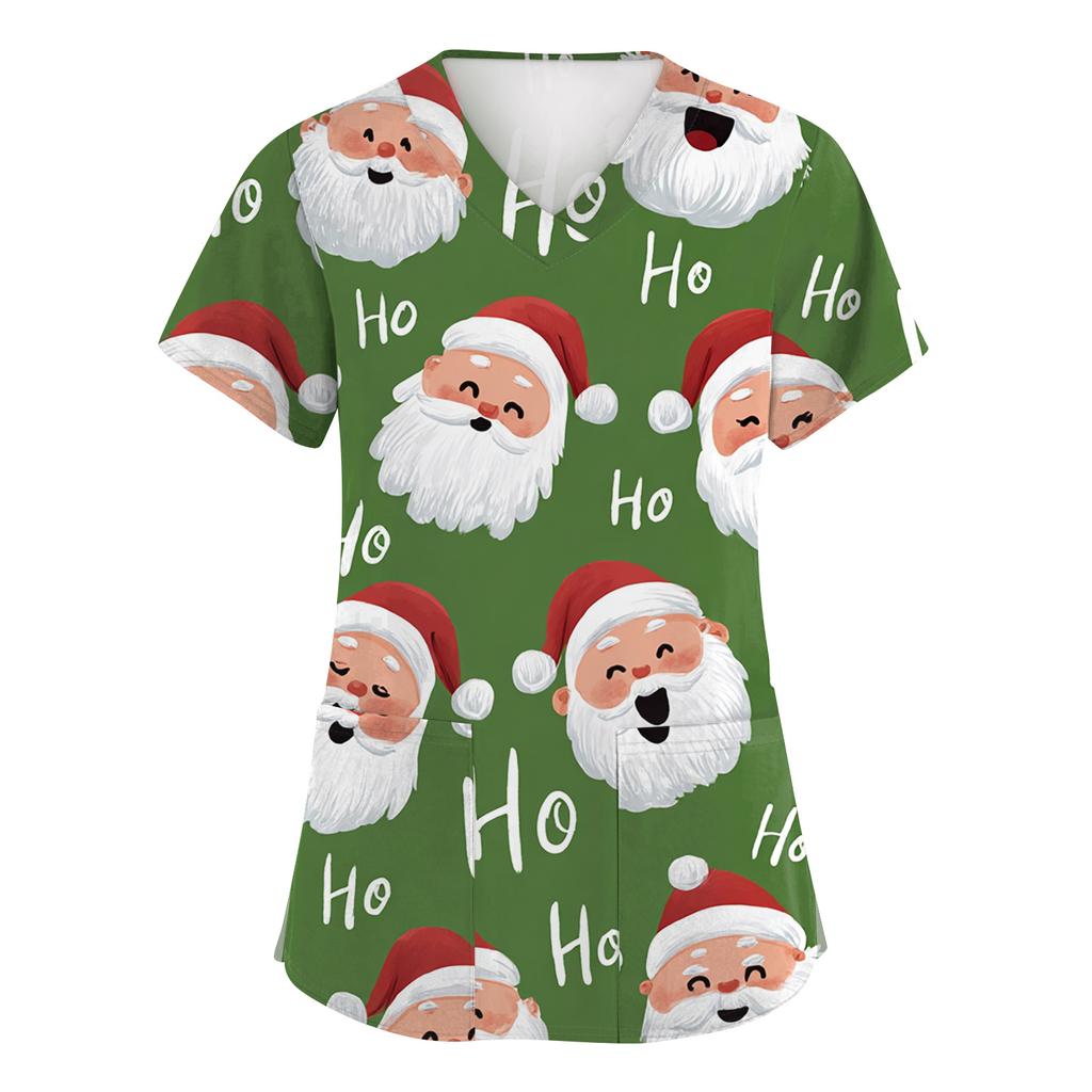 Dammode Kortärmad Jultryck V-ringad Ficka Arbetskläder Toppar