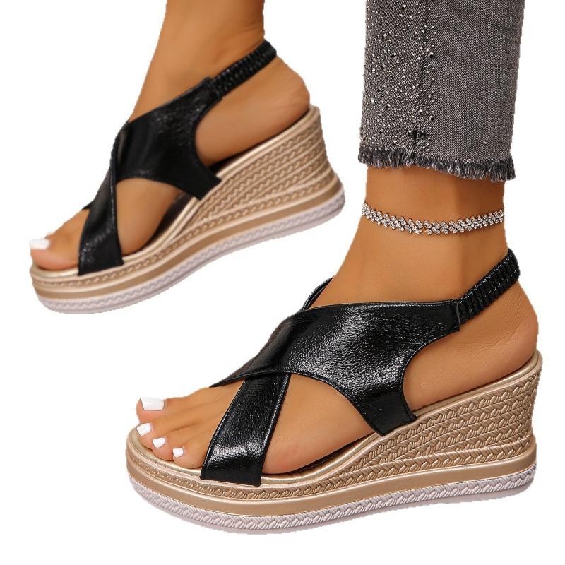 Summer fashion sandals large size one-word buckle with muffin wedge heel platform beach sandals
