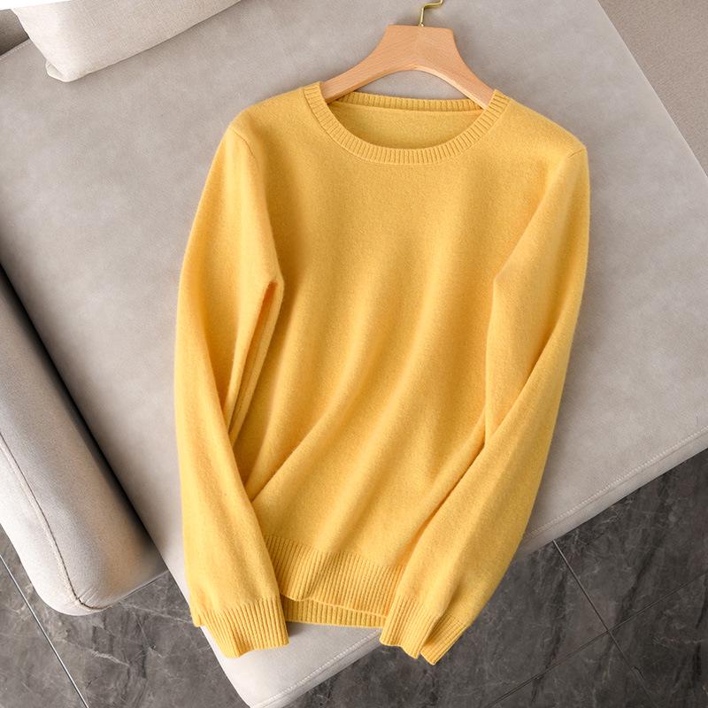 Dámský 100% vlněný pletený svetr s kulatým výstřihem a dlouhým rukávem – Jednobarevný pro podzim a zimu