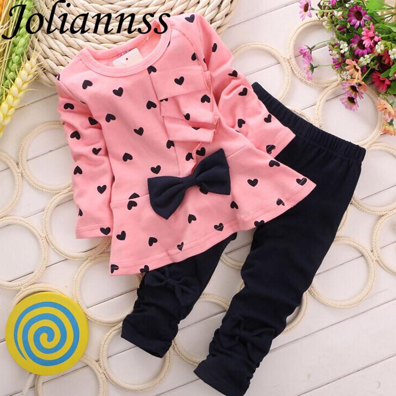

Joliannss Baby Clothing Sets Heart-shaped Print Bow Cute 2PCS Kids Set T Shirt + Pants 80