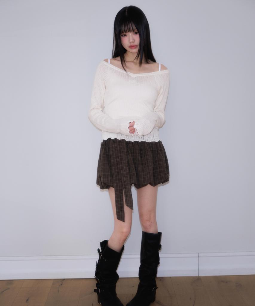 ROSEFRANTZ Balloon Check Belted Miniskirt [Brown]