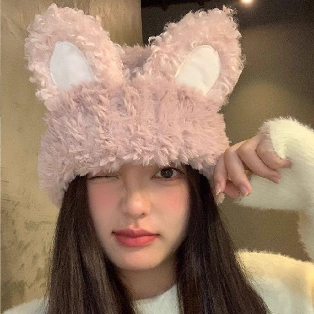 Elastic Rabbit Ear Beanies Solid Color Winter Outdoor Warm Cap Knitted Plush Hat Autumn Winter