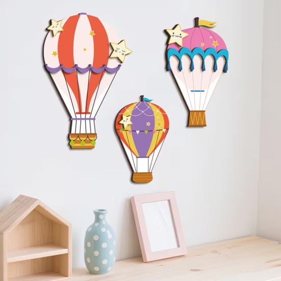 3 Pcs Hot Air Balloon Wall Decor Boho Wooden Nursery Wall Art for Living Room Bedroom Hallway Baby Shower Home Decor