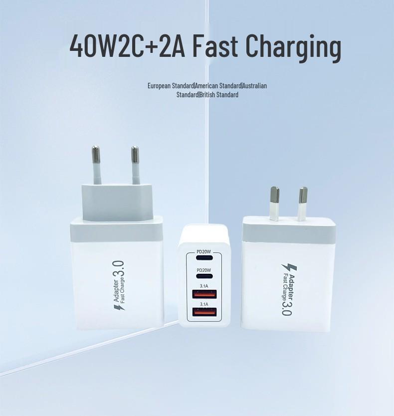 40W EU Standard 4-Port Fast Charger: 2 USB-C & 2 USB-A for Mobile Phones & Watches