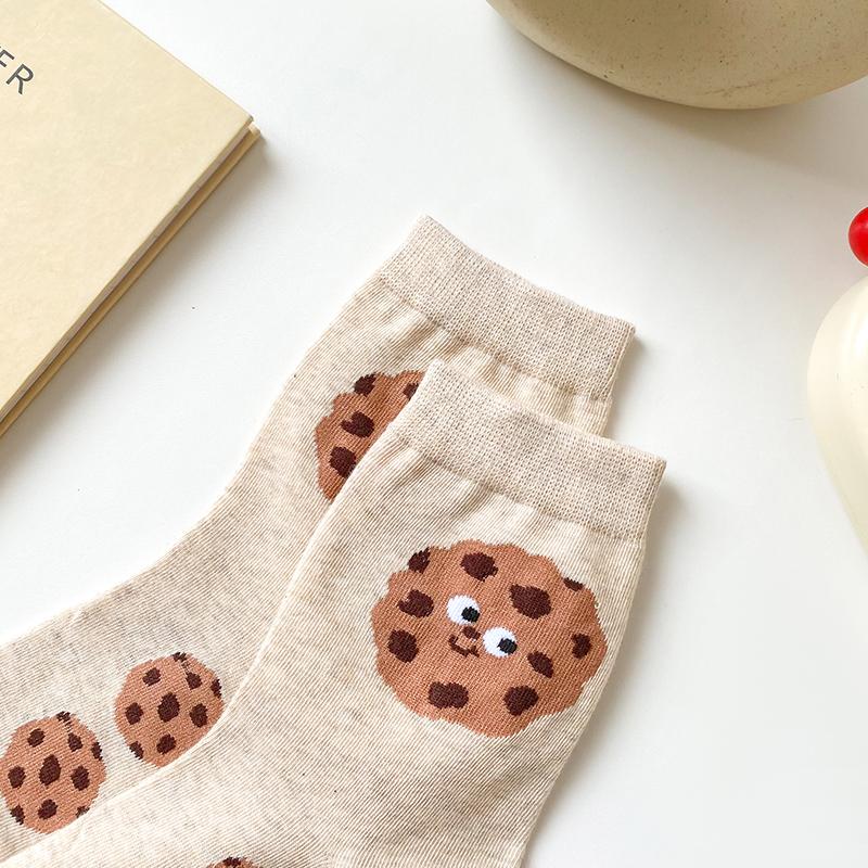 5pairs Women's pure cotton new cartoon cute cookie cheese mid-length cotton socks breathable and sweat-absorbent socks