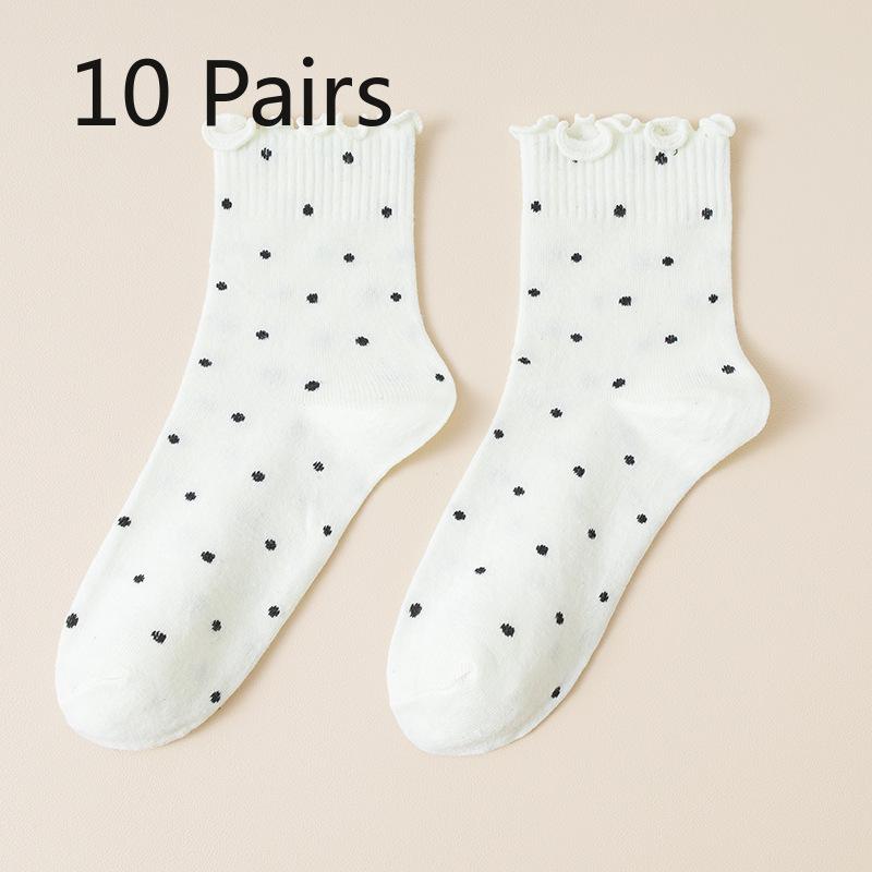 10 Pairs of Female Autumn Lovely Fungus Lace Small Polka Dot Tube Socks