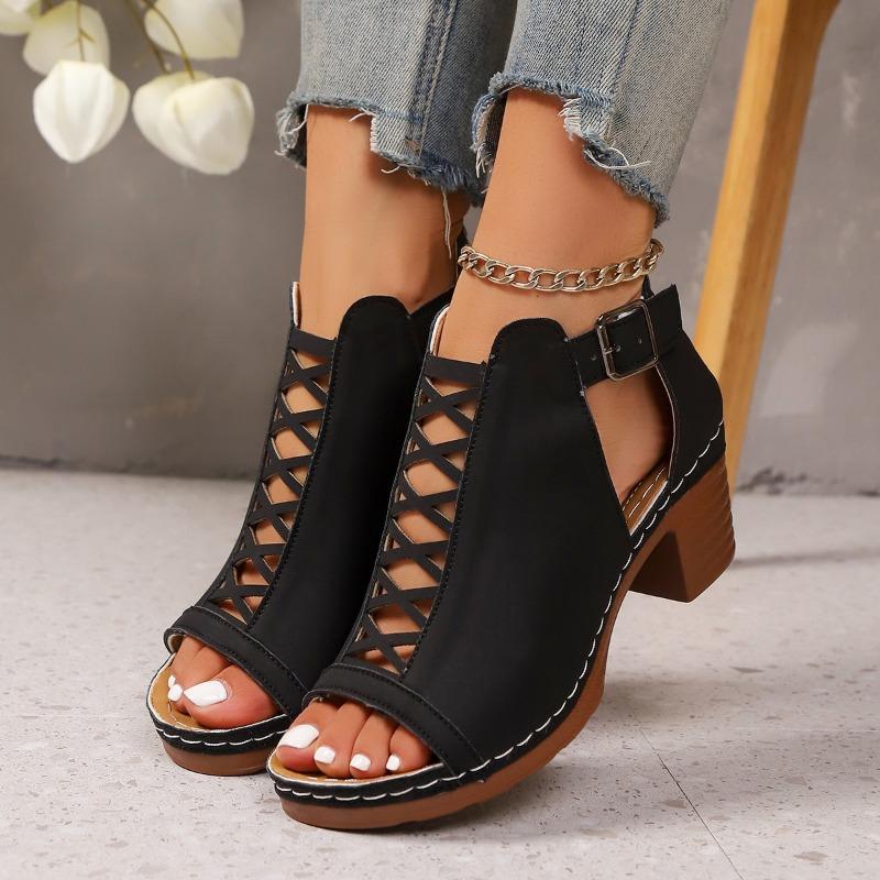 Large-Size Summer New Chunky High-Heel Roman Peep-Toe Hollow-Out Buckle Sandals