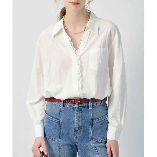 White long-sleeve women's shirt, 2026 spring new style, European style lace trim loose top