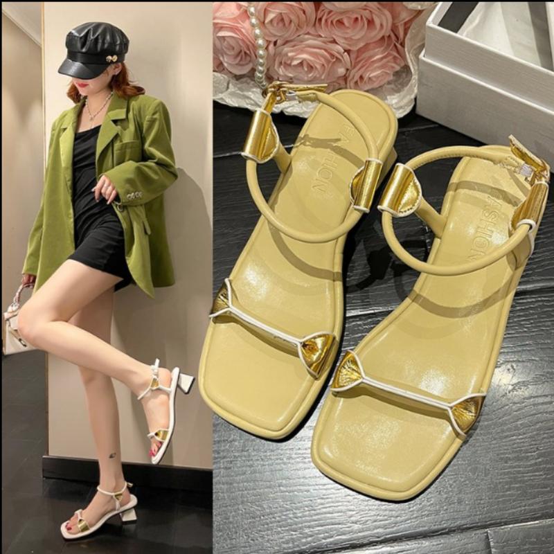 Ladies Shoes Open Toe Summer 2024 Square Heels Sandals for Women Office Work Medium Footwear One Word Daily Sale Designer F Shoe