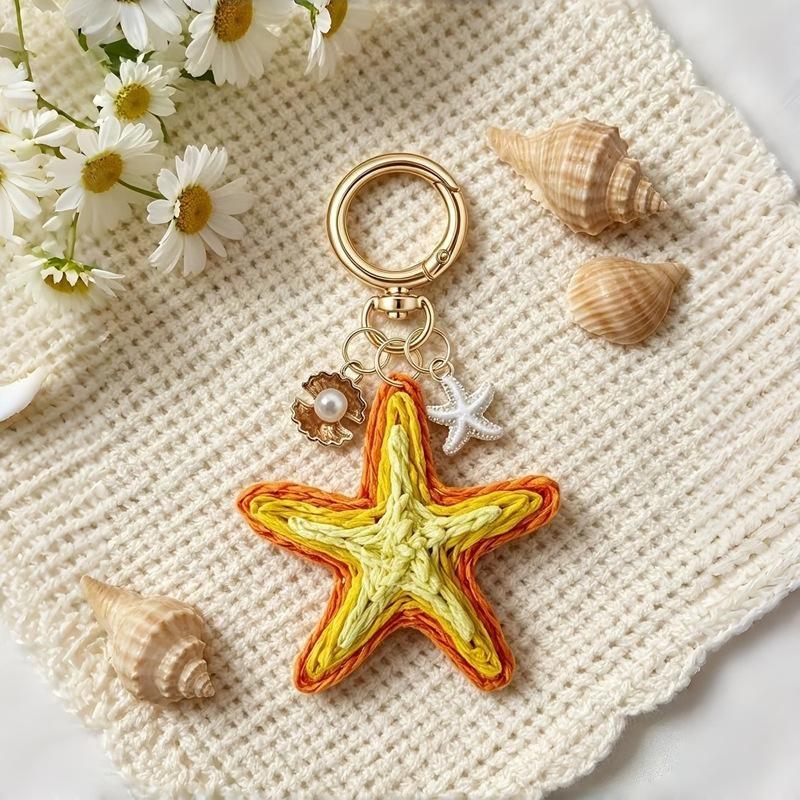 Handwoven Cherry And Starfish Pendant Women'S Beach Bag Decor Keyring Vacation Bohemian Keychain Jewelry Accessories
