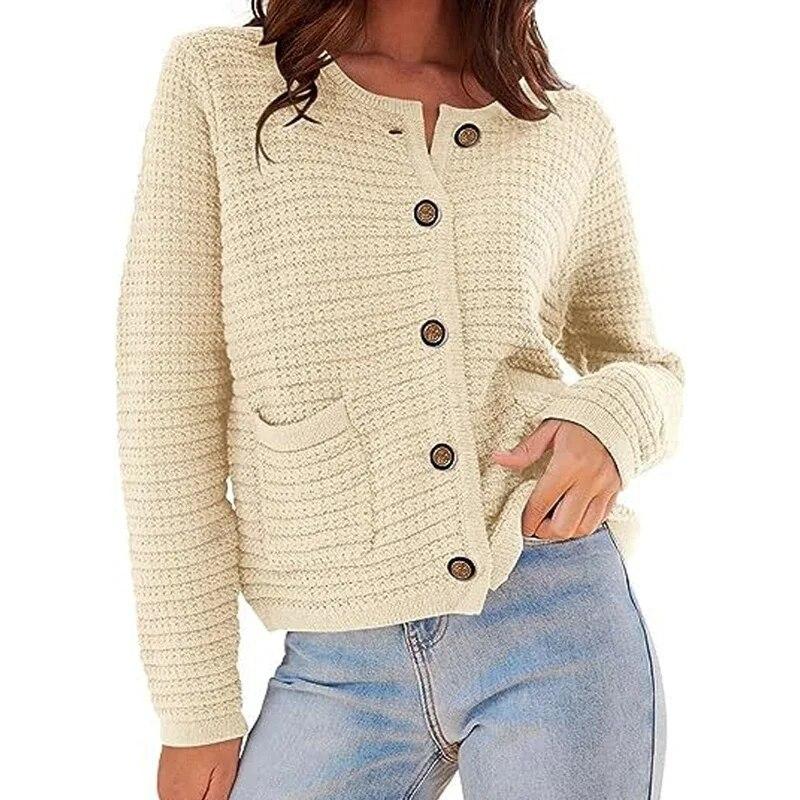 Autumn Round Neck Knitted Coat Vintage Solid Pocket Commuter Office Jacket Casual Button Long Sleeve Cardigans Winter Clothing 29764
