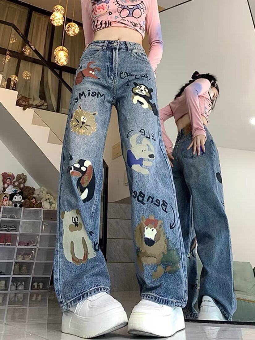 

Женские джинсы с высокой талией и принтом American Graffiti 2024 года, широкие джинсы - Летний повседневный свободный крой XS