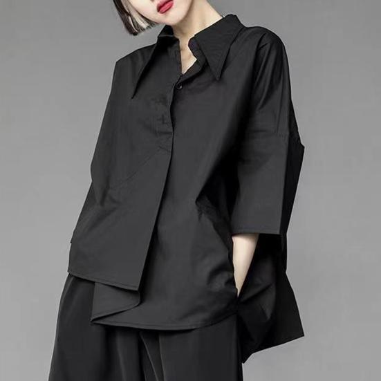 Women Men Shirt Pocket Decoration Irregular Hem Single-breasted Three Quarter Sleeves Solid Color Daily Wear Loose Lapel Summer Spring Shirt