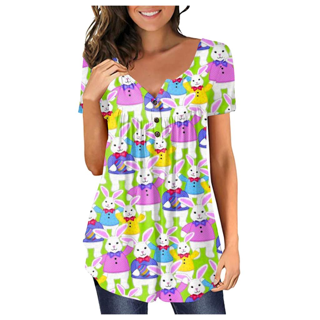 Women's Easter Short Sleeve Tops Loose Tops Casual Oversized Tops Pleated Tops Button Tie Tops Women