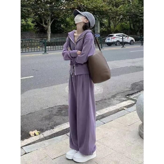 Toamna 2024, haine casual coreene pentru femei, din două piese: Pulover cu fermoar și pantaloni cu croi larg