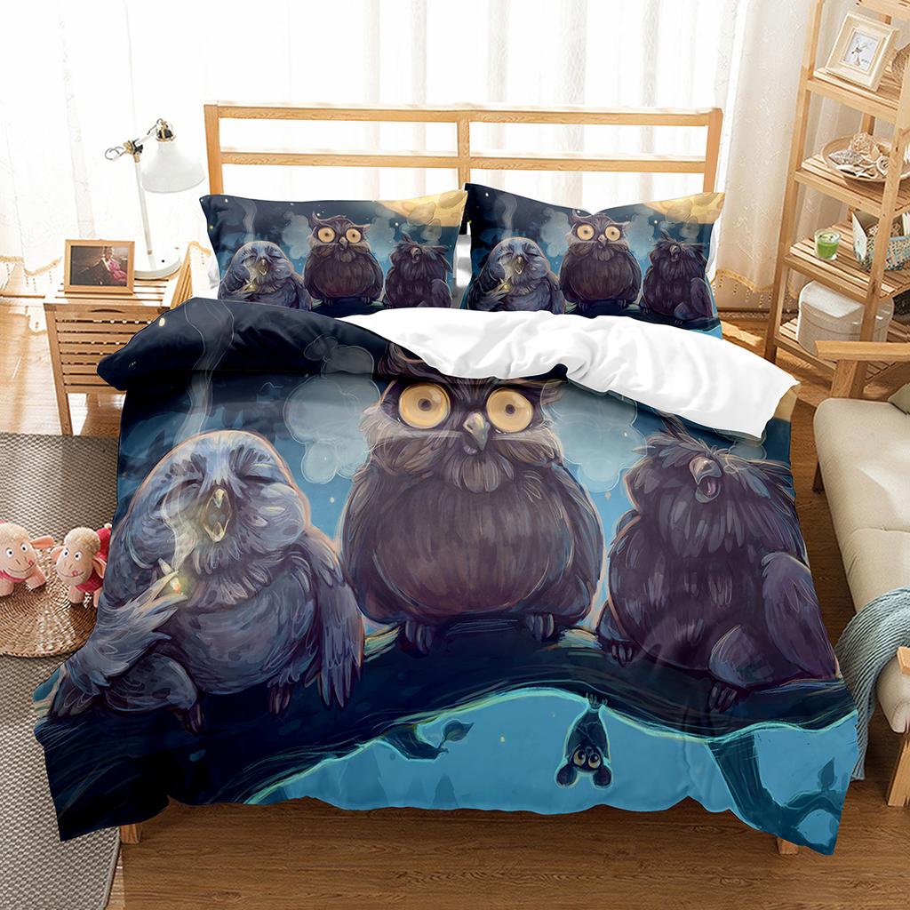 Owl Duvet Cover Set Cute Bird Polyester Comforter Cover for Boys Girls Kids Bedding Set King Size Quilt Cover with Pillowcase