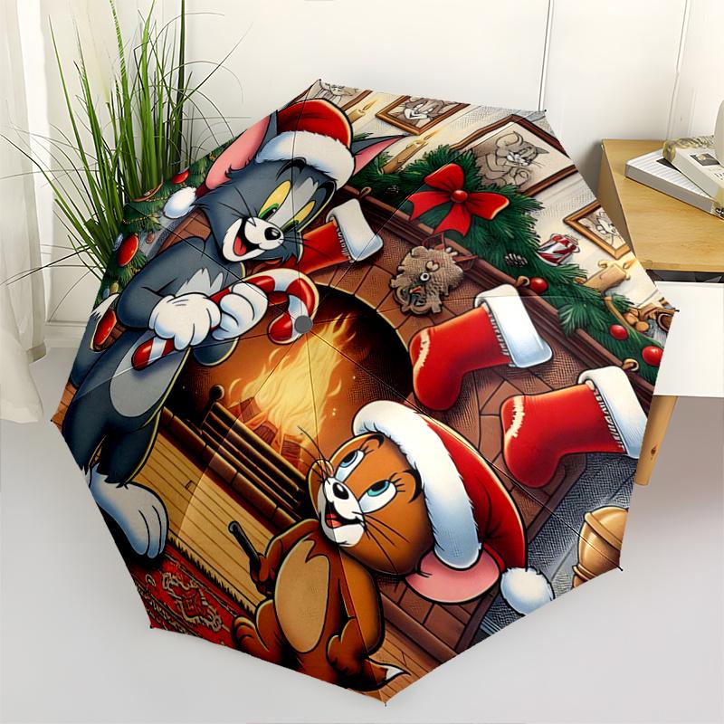 1pc Tom and Jerry's Christmas Adventure Durable Cartoon Folding Cartoon Umbrella, Portable 3-Fold Compact Umbrella for Men and Women, Suitable fo