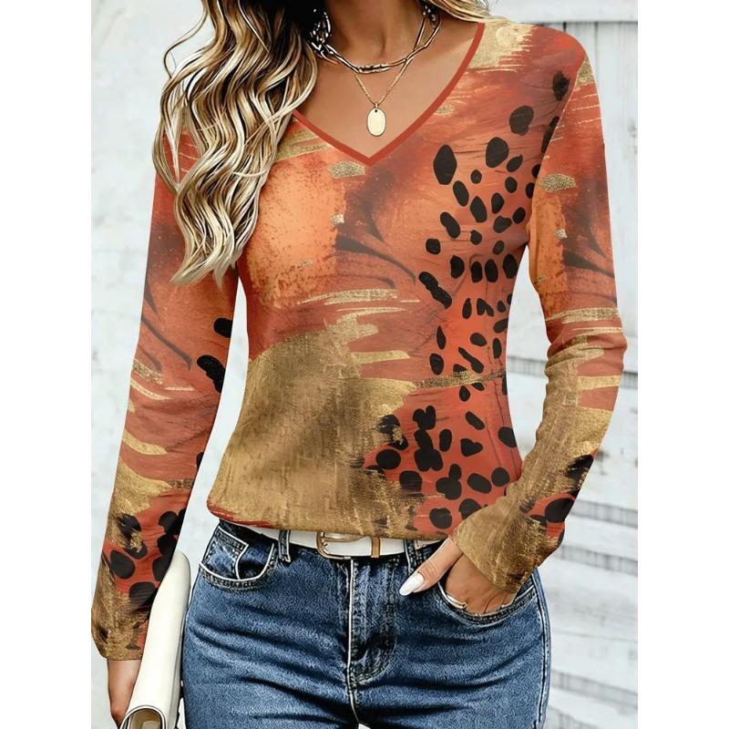 Women's Autumn and Winter 3D Color Striped Printed V-Neck Long Sleeve T-Shirt