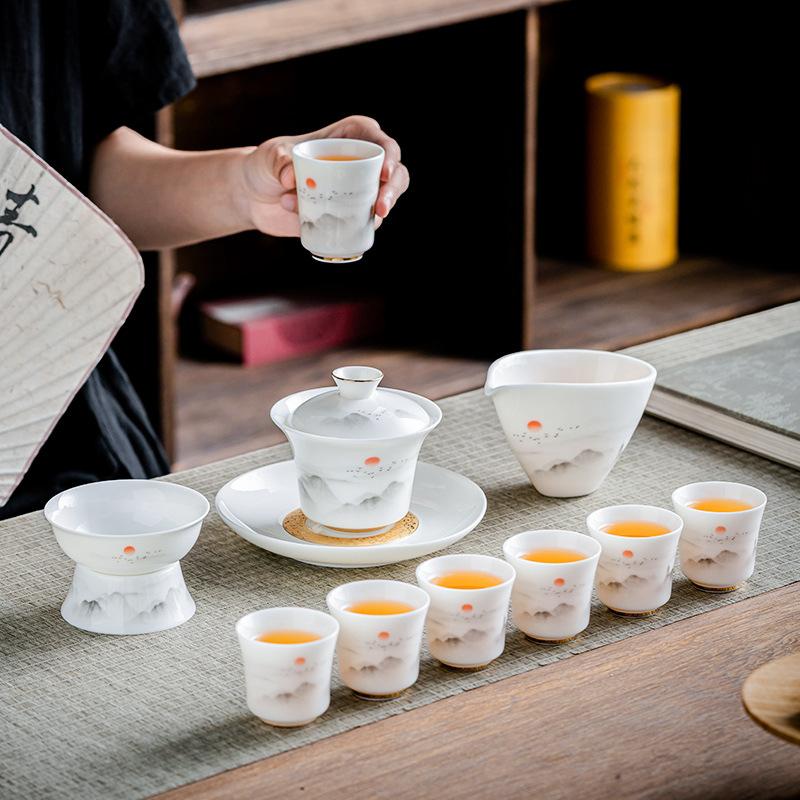 Suet jade white porcelain kung fu tea set full set tea set cover bowl tea cup travel tea set gift box print