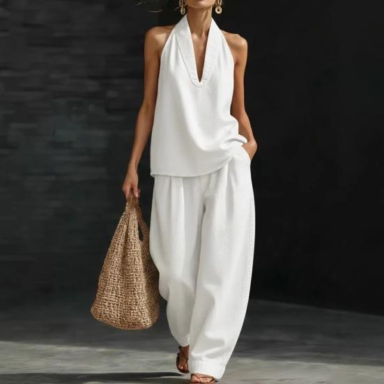 Halter Denim Set for Women Sleeveless Tank Top And Wide Leg Pants Lounge Sets Summer Casual Two Piece Outfits with Pockets