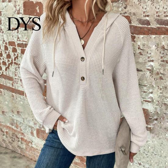 Waffle Knit Pullover Women Fall Winter Top Hooded Loose Buttons Drawstring Hoodie Pure Color Long Sleeves Daily Wear Sport Blouse