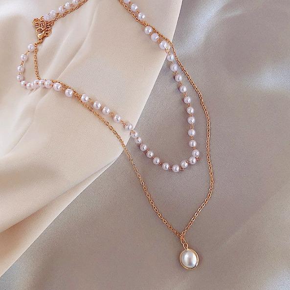 Stylish Simple Chain Beaded Multi-Layer Necklace Pearl Pendant Necklace