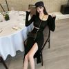 Bodycon Wrap Slim Split Dress Women Office Ladies Hollow Out Design Black Dresses Outfits Y2k Korean Fashion New In