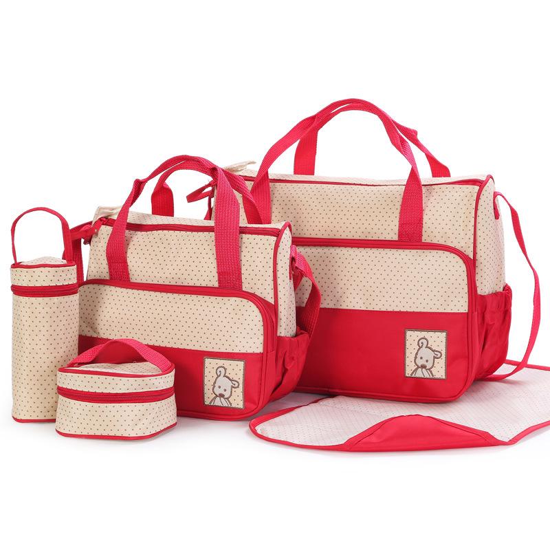 Fashionable Polka Dot 5-Piece Mommy Bag Set - Versatile, Large Capacity Shoulder Bag for Mother and Baby