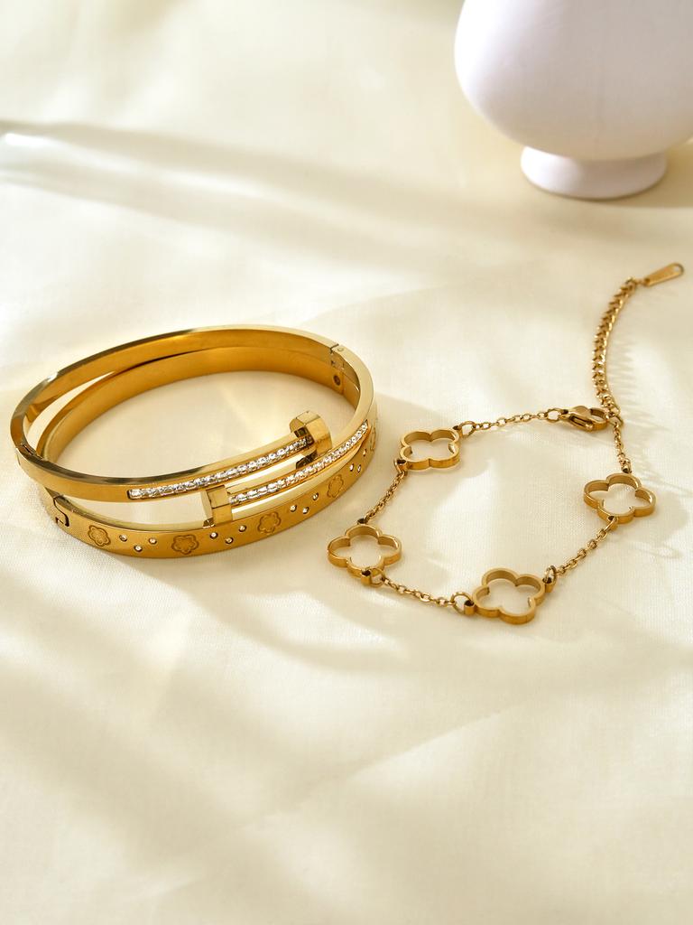 French Elegant Stainless Steel Cinquefoil, Double Stud Zirconia Bangle, Openwork Flower Bracelet Jewellery Set