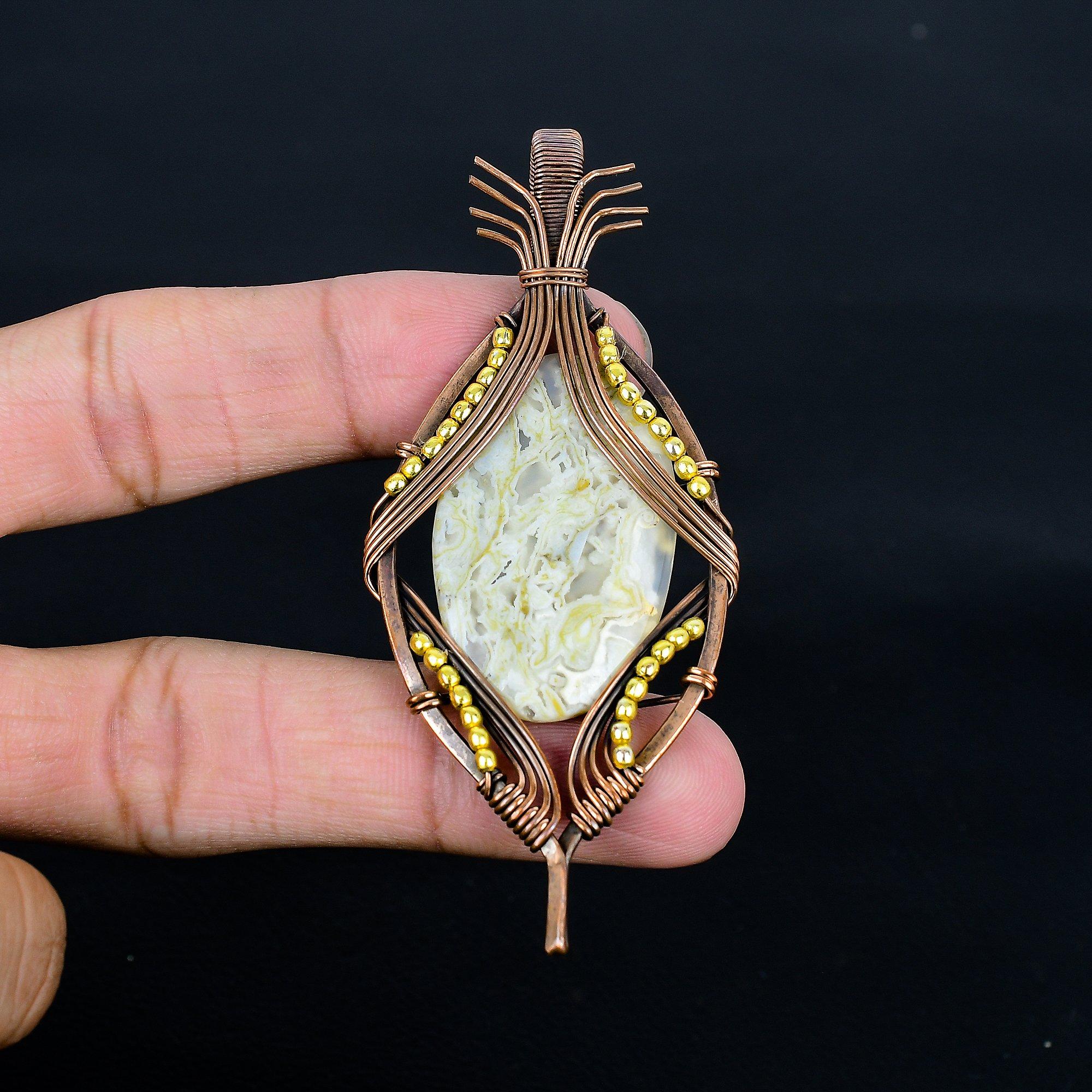 

Moss Agate Pendant, Gemstone Jewelry 999 Copper Wire Wrapped Pendant, Gift For Women Handmade Pendant 2.55 Inches