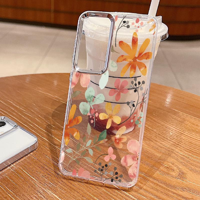Luxury Flowers Print Case For Samsung S26 Ultra S25 FE S24 S23 Plus S22 S21 A15 A16 A17 A26 A35 A36 A37 A55 A56 A57 5G Plating Lens Clear Soft Cover