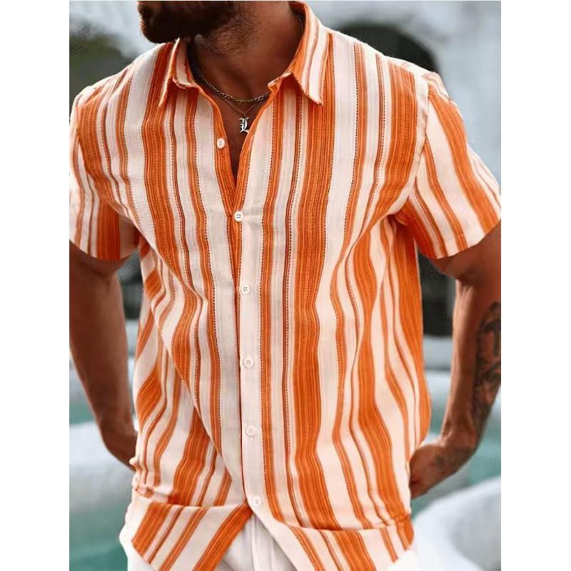 2026 Men's Summer New Style Turn-down Collar Striped Short-sleeve Casual Versatile Shirt