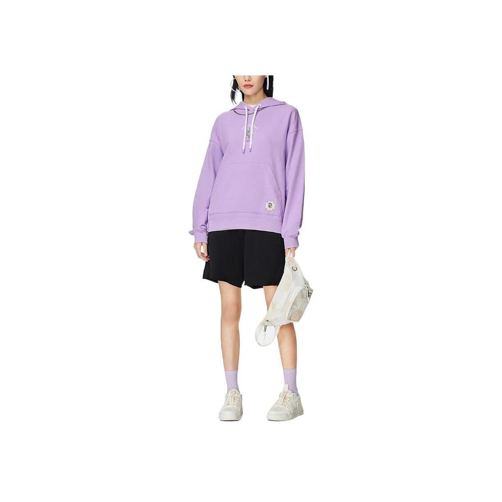 Li-Ning Sports Trend Series Plant Embroidery Loose Hoodie Long Sleeve Sweatshirt Women Tops Purple AWDS920-2