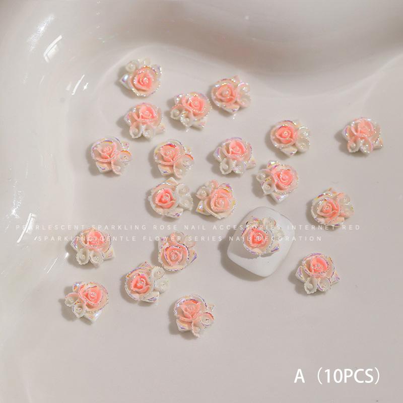 10 Pcs 3D Carved Rose Resin Colorful Rose Nail Charms Flower Accessories Material Nail Art Decorations Diy Manicure Salon Supply