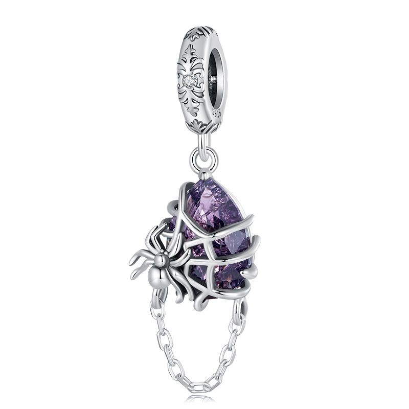 WOSTU 925 Sterling Silver Punk Gift Purple Red Green Spider Charms Pendant Bead Fit Original Bracelet Necklace DIY Birthday Gift