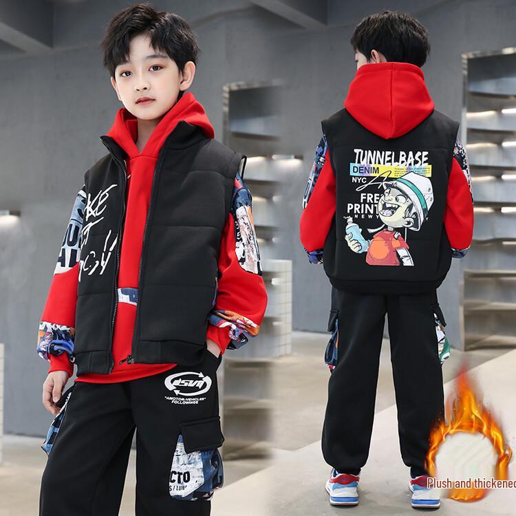 

2025 Модный зимний комплект толстовки с флисовой подкладкой для мальчиков - Теплый, толстый, стильный трехпредметный для мальчиков Size 170 - Fits height ~158 cm