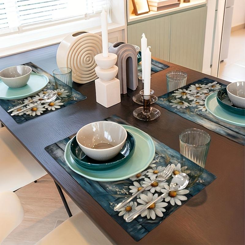 4/6pcs Rustic Farmhouse Decor Placemats, Blue Grey, White Daisy, Spring Summer Country Kitchen Decor, Home Decor, 12 X 18 Inch