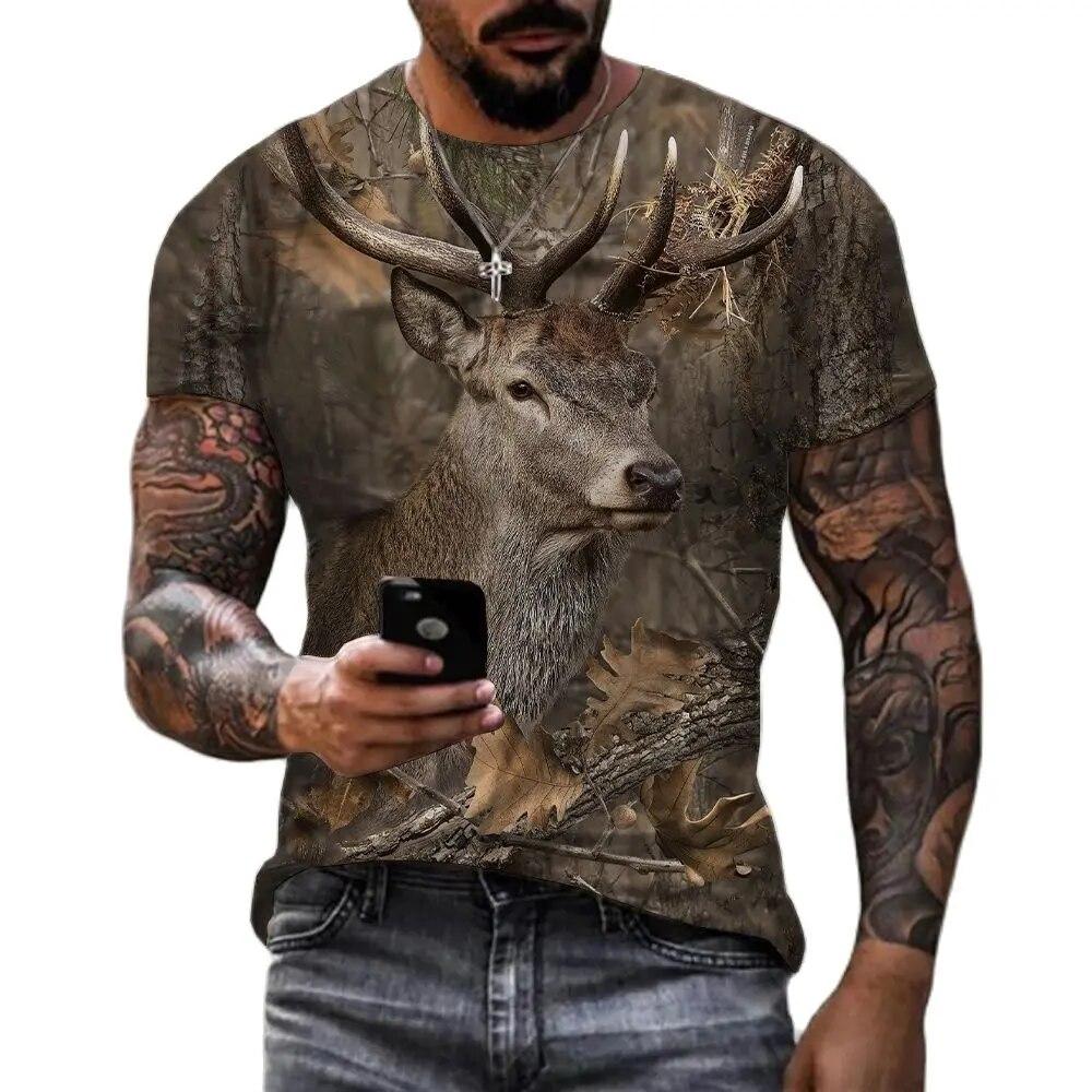 Men's T-shirt Camouflage Hunting Animal Sika Deer 3D Print T Shirts Fashion Bear Pattern Short Sleeve Outdoor Sports Loose Tops