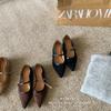 Light Luxury Style~ Velvet Pointed Middle Heel Shoes Commuting One-word Buckle French Mary Jane Shoes Temperament Single Shoes Women