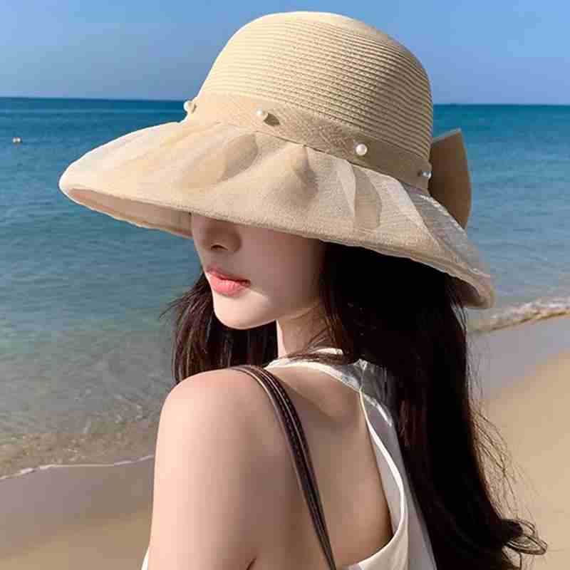 Women Chiffon Ruffle Bucket Straw Hat Big Fabric Bow Pearl Decor Foldable Outdoor Beach Travel Sun Shade Cap