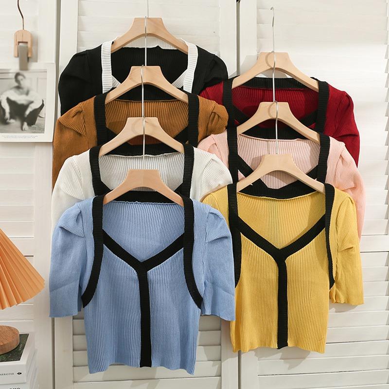 

Women s Crop Top Contrast Color Slim Casulal Knitted Sleeveless Summer One Size