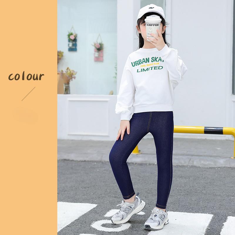 Mid Sized Girls' Imitation Jeans Spring Autumn Thin High Elasticity Jeans for Children's Outdoor Wear Slim Fit Leggings Pants Girls