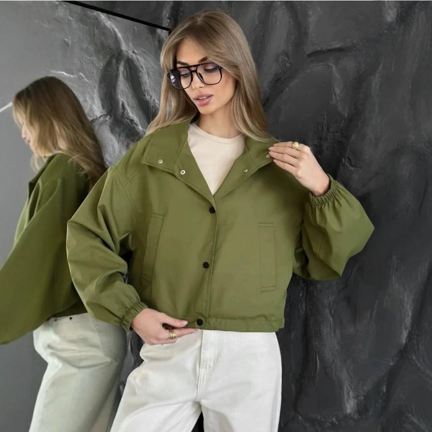 Women's Stand Collar Jacket Button Down Lantern Sleeve Elastic Cuff Pocket Solid Color Casual Coat