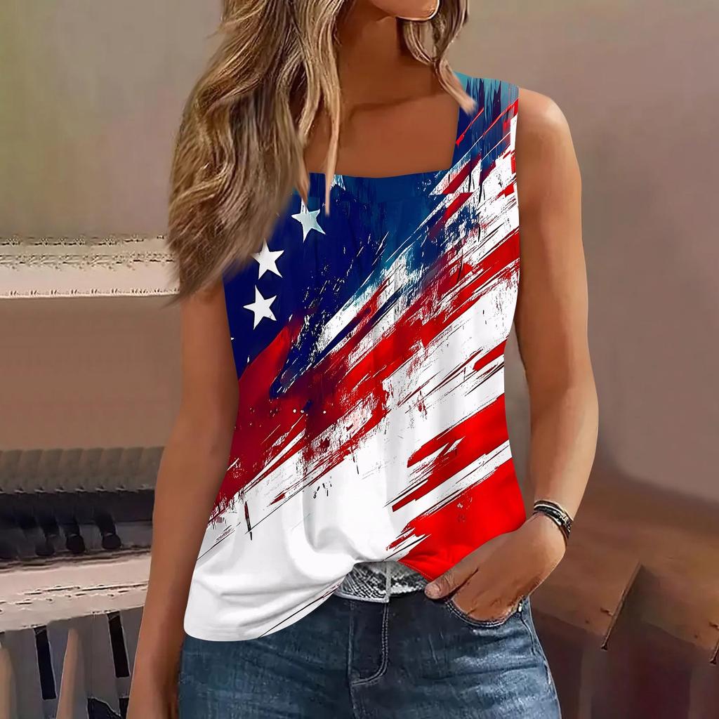 Square Collar Tank Top Women Print Tank Tee Casual Loose Fit Sleeveless Shirt