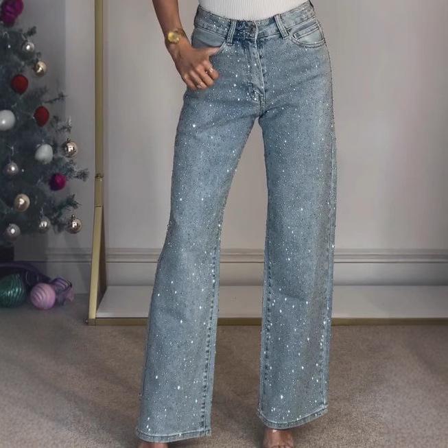 Women's Full Diamond Washed High-Waisted Straight-Leg Denim Pants